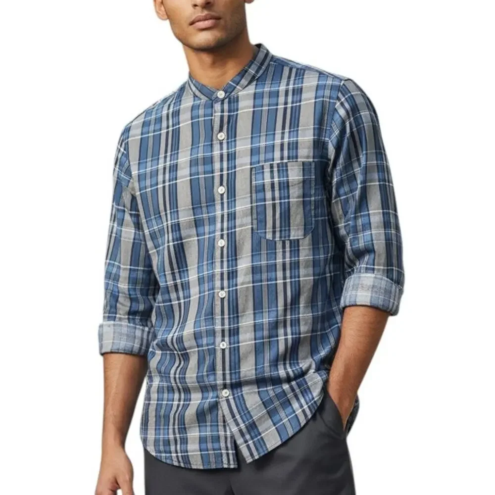 J. Crew Banded Collar Mandarin Shirt Indian Madras Slim Fit Blue Gray Plaid S